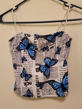 Rue21 | Crop Top | XS - Blue Butterfly And Newspaper Print